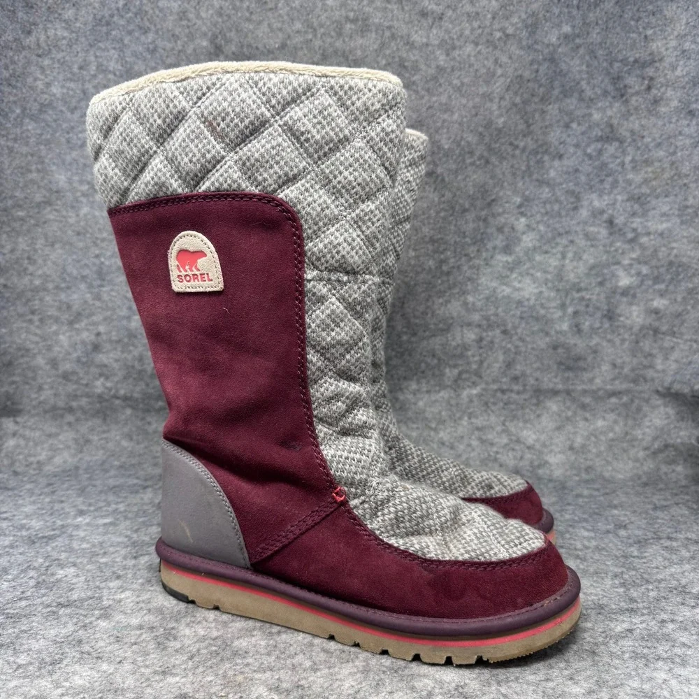 Sorel Campus Tall Boots Womens Sz 8.5 Quilted Suede Fleece Lined Burgundy Grey